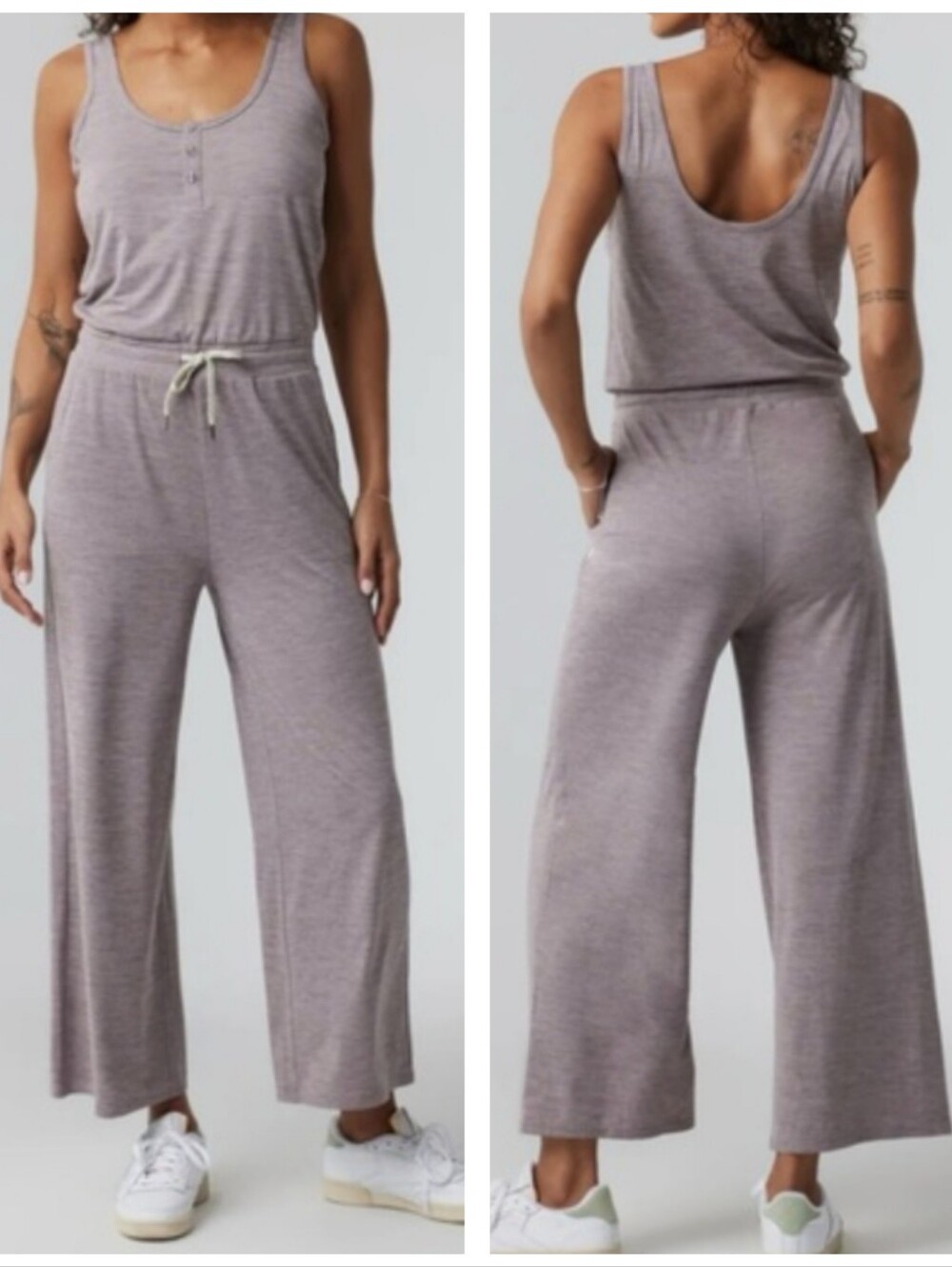 Vuori Falls Wide Leg Flare Jumpsuit NWT Drawcord Casual Pockets Rosemary Heather